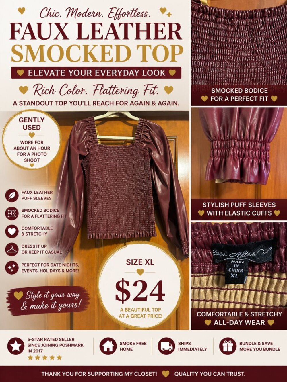 Ever After Vegan Leather Smocked Puff Sleeve Top Burgundy XL